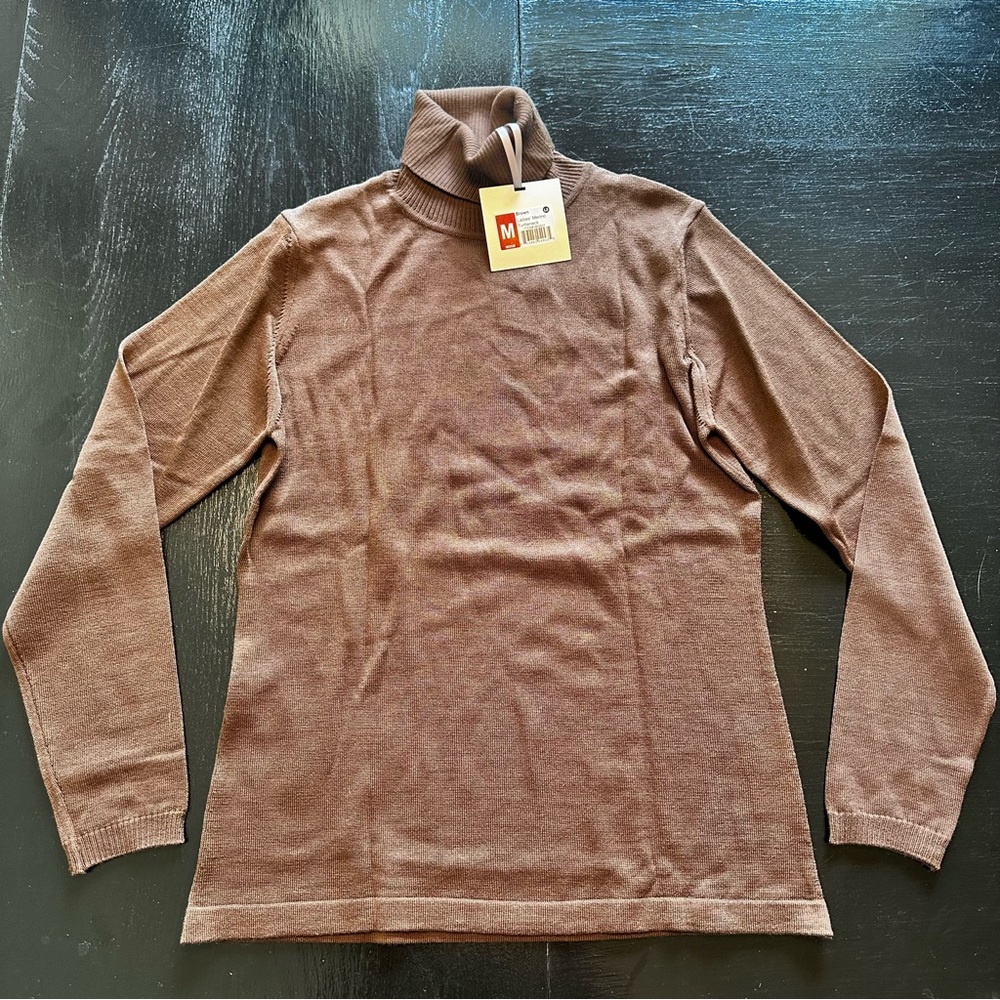 Retro NWT Brown Medium Made in Italy Turtleneck Plain Basic Merino Wool